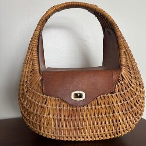 Vintage Mexican Made Wicker and Leather Hand Bag - Medium Size